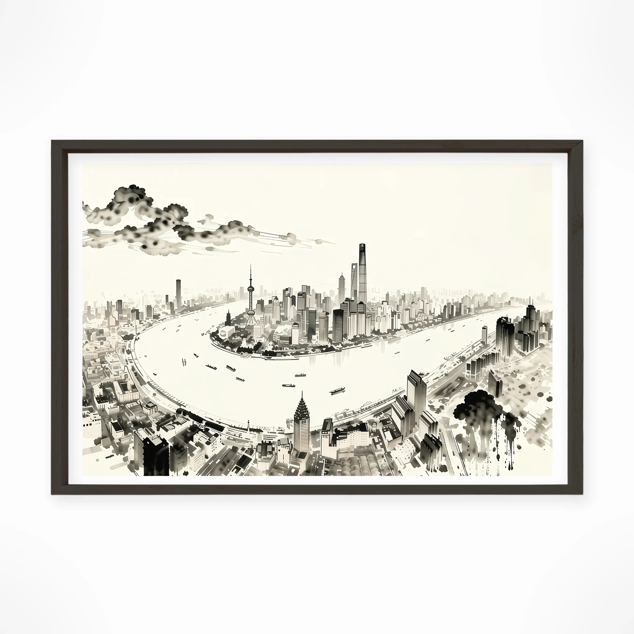 Shanghai | Huangpu River — Sumi-e Zen Ink framed fine art interior preview