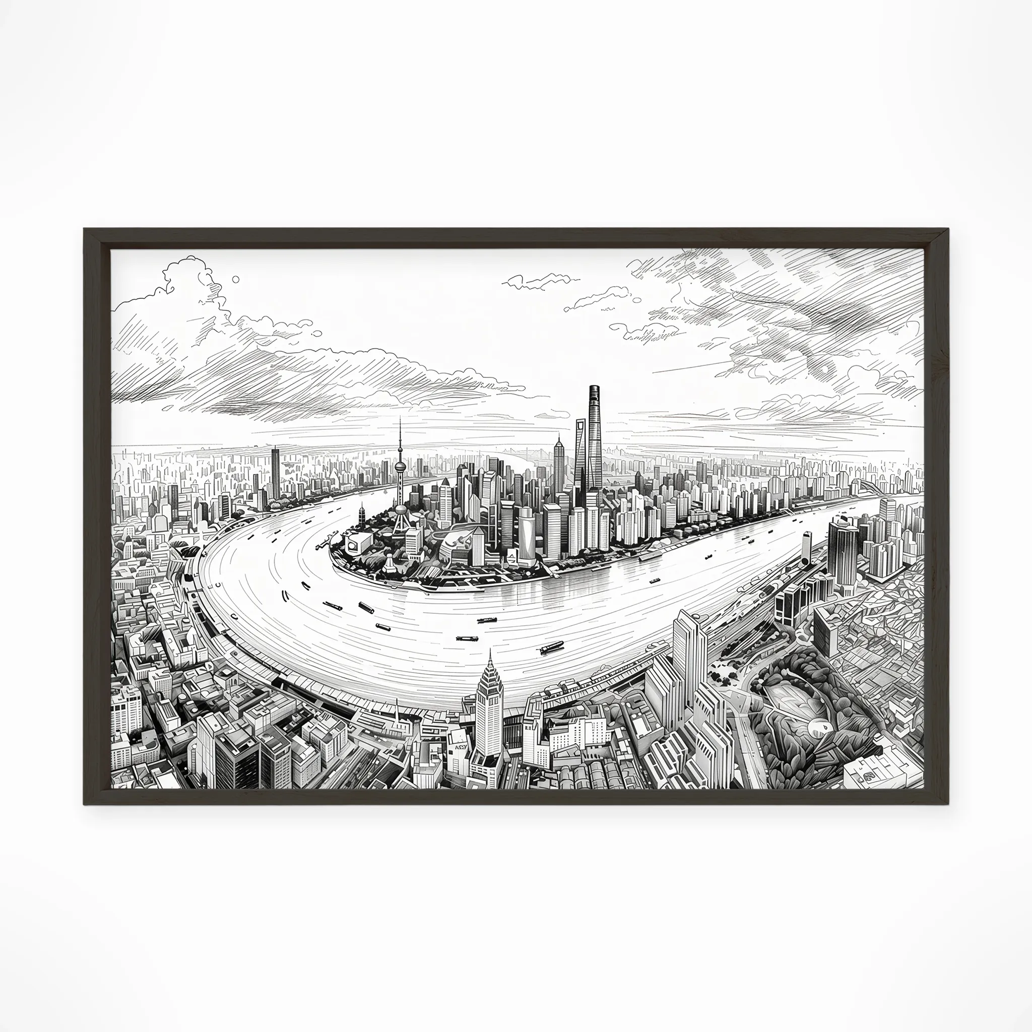 Shanghai | Huangpu River — Urban Sketch framed fine art interior preview