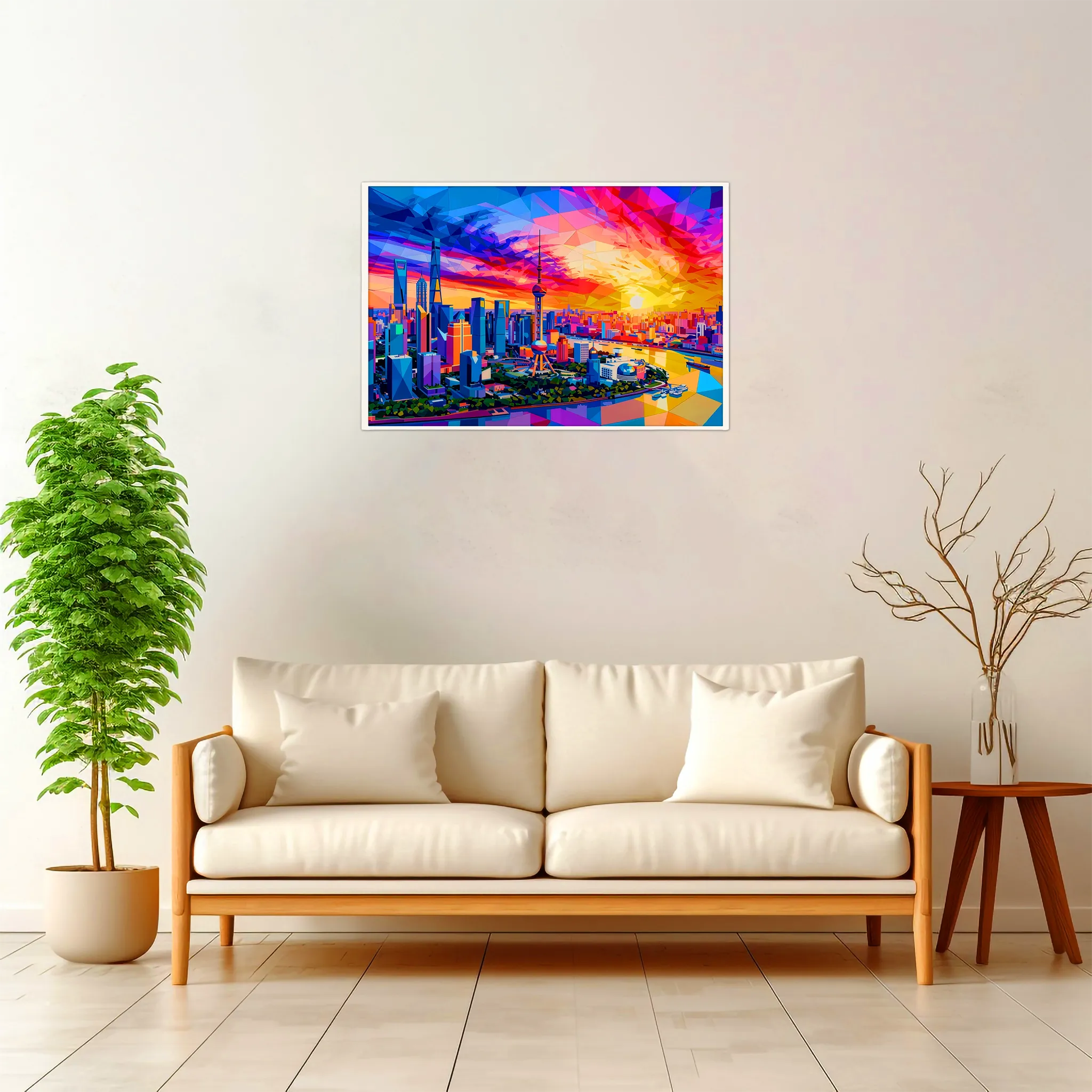 Shanghai | Skyline — Geometric Mosaic framed fine art interior preview