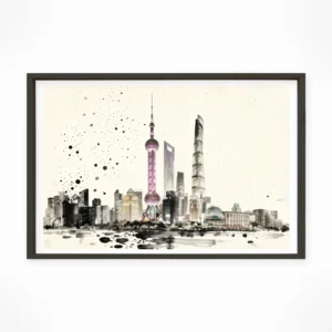 Shanghai | Skyline — Sumi-e Zen Ink framed fine art interior preview