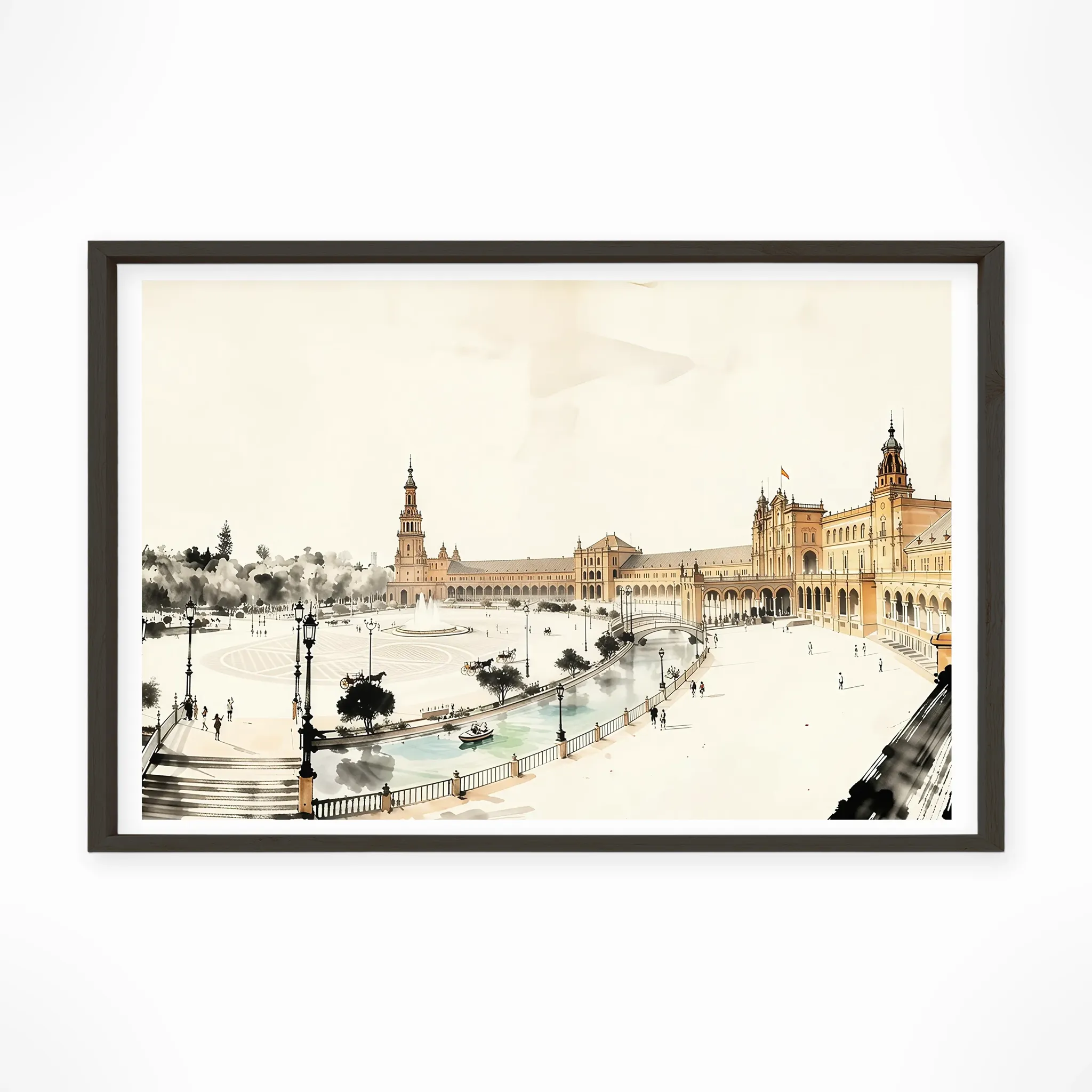 Seville | Plaza de Espana — Sumi-e Zen Ink framed fine art interior preview