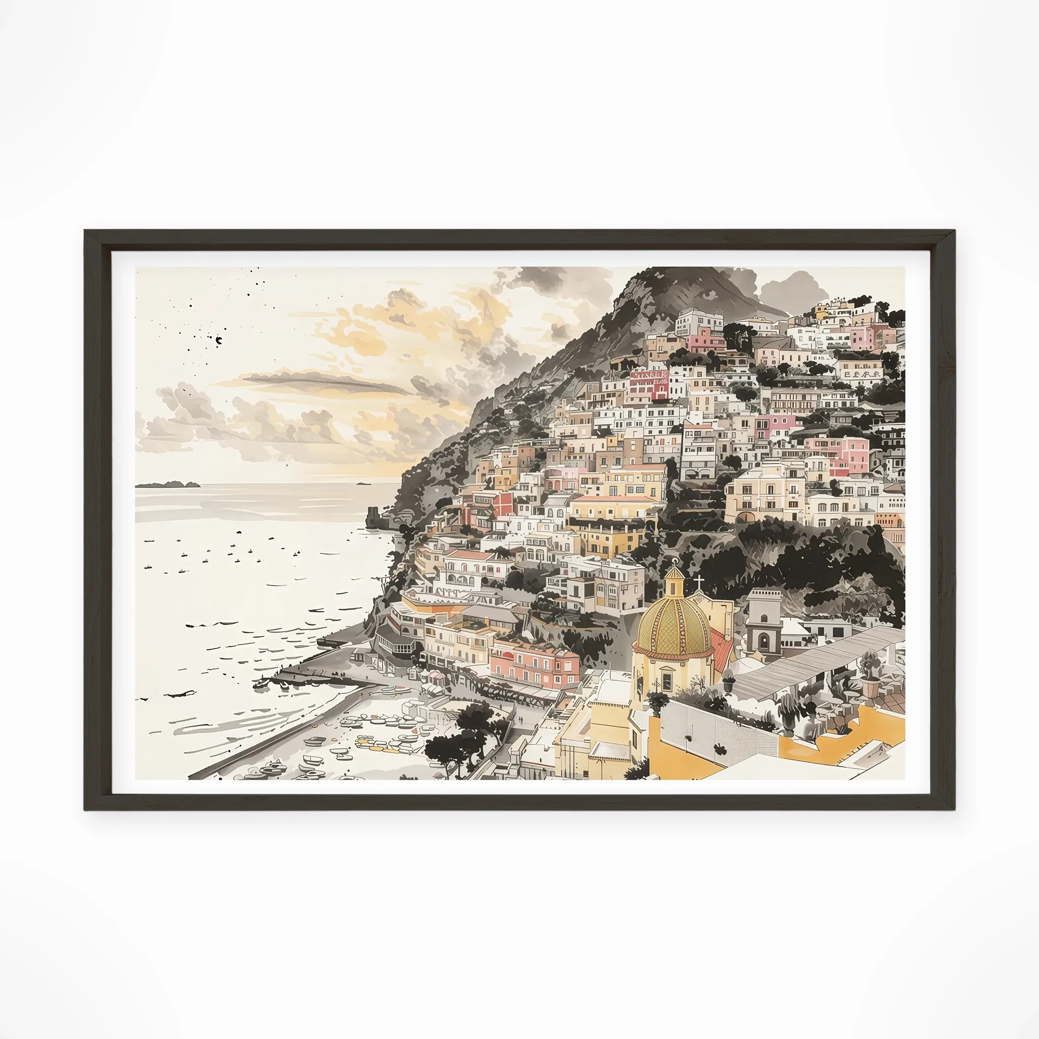 Positano — Sumi-e Zen Ink framed fine art interior preview